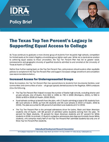 The Texas Top Ten Percent Plan’s Legacy in Supporting Equal Access to College  – Policy Brief