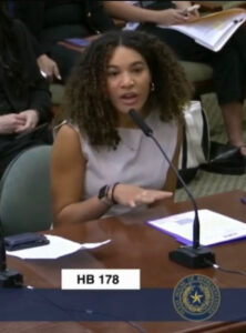 Kaci Wright, M.Ed., testifies at the Texas Capitol